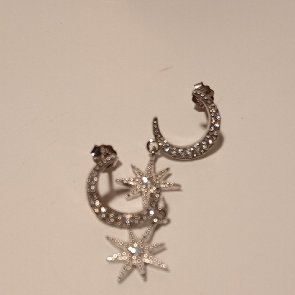 Silver Crescent Moon and Star Earrings - Picture 2 of 2